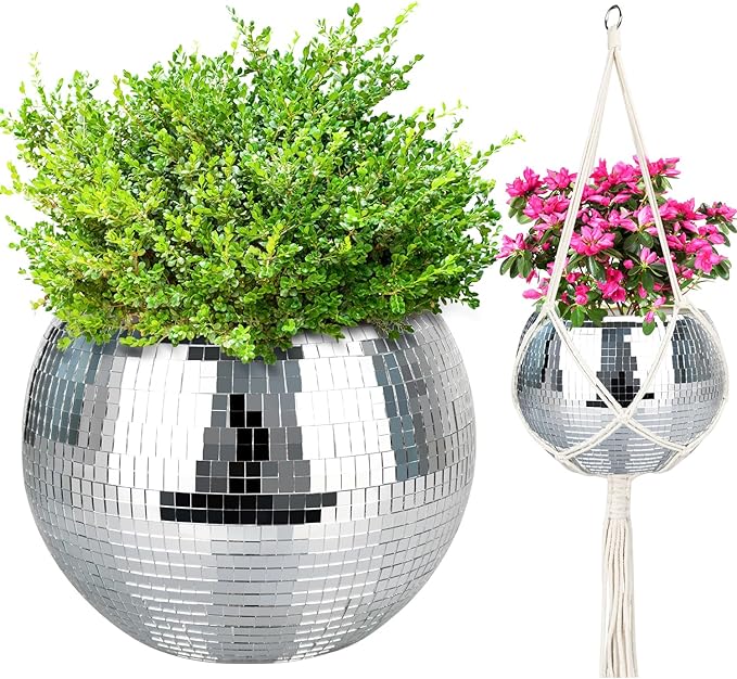Disco Ball Planter, 1pcs 10” Silver Disco Ball Planter, Disco Ball Plant Hanger with Hanging Rope, Hanging Chain, Hook, Circle and Extra Mirror Pieces(10" Silver, 1pcs)