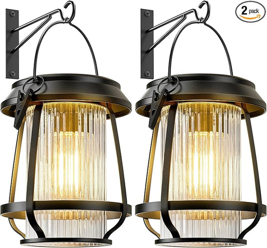 Solar Lanterns Outdoor Waterproof, Metal Hanging Solar Lights Outdoor with Hooks Wall Mount Kit, Solar Powered Lanterns for Garden Porch Patio Fence Decorative 2 Pack (Warm Light)