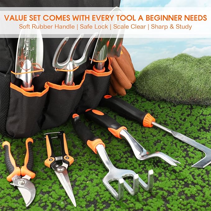 11 Pcs Garden Tool Set Heavy Duty Aluminium Alloy Tools with Ergonomic Handle, Durable Gardening Hand Tools Kit Includes Apron,Storage Tote Bag, Gardening Gifts for Women Men(Orange)