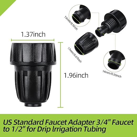 3 Pack 1/2 Inch Drip Irrigation Tubing to Faucet/Garden Hose Adapter, 3/4" to 1/2" Irrigation Hose Adapter, 3/4" Female Faucet Connector Fitting for Irrigation Tubing (1/2'' ID x 0.60''-0.64'' OD)