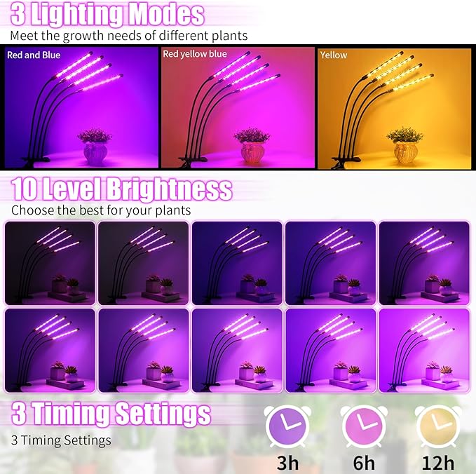 LED Grow Lights, 4 Heads Red Blue White Full Spectrum Plants Lights with Clamp for Indoor Plants & Seed Starting, 10-Level Dimmable, Auto On Off, Timing 4 9 12Hrs