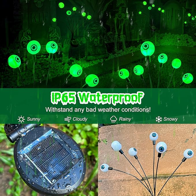 Halloween Decorations Outdoor, 3 Pack 18 LED Scary Solar Eyeball Lights, Green Solar Firefly Lights Outdoor Waterproof, Swaying Solar Halloween Lights for Yard/Garden/Pathway/Lawn/Party Decor