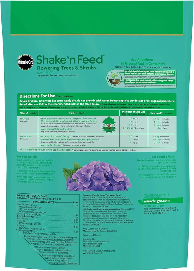 Miracle-Gro Shake 'N Feed Flowering Trees and Shrubs Plant Food, For In-Ground and Container Plants, Acid-Loving Flowering Plants, 8 lbs.
