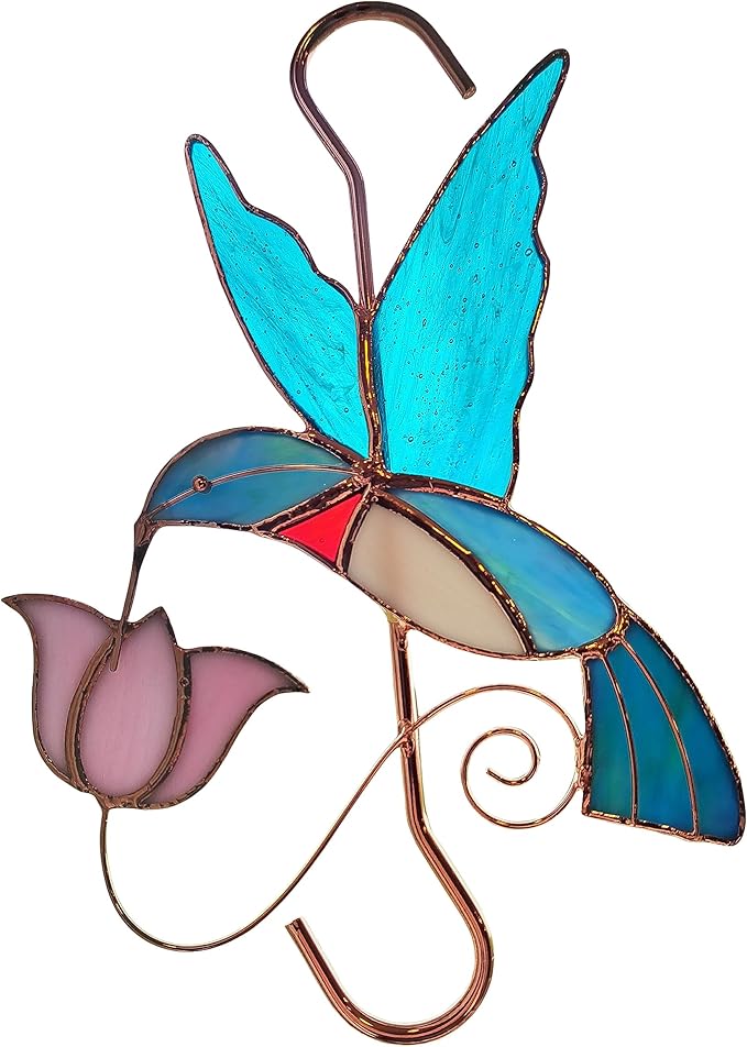Plant Hanger Hook - Hummingbird with Pink Flower - Stained Glass Sun Catcher Plant Hook for Indoor and Outdoor Use - Copper S Hooks Top and Bottom