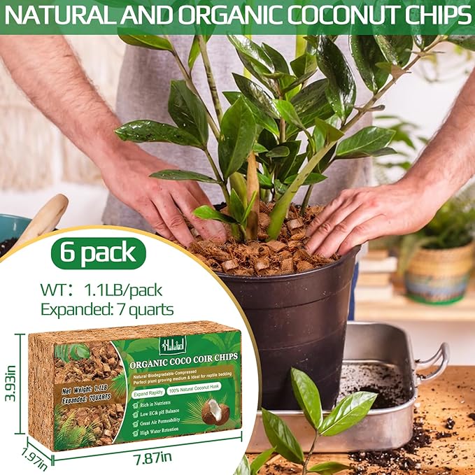 Halatool 6 Pcs Coconut Coir Chips for Plants - 6.6 LB 100% Organic Coco Husk Chip Bricks with Low EC and pH Balanced, Compressed Coco Substrate Growing Mulch Medium for Garden Herbs, Plants, Flowers