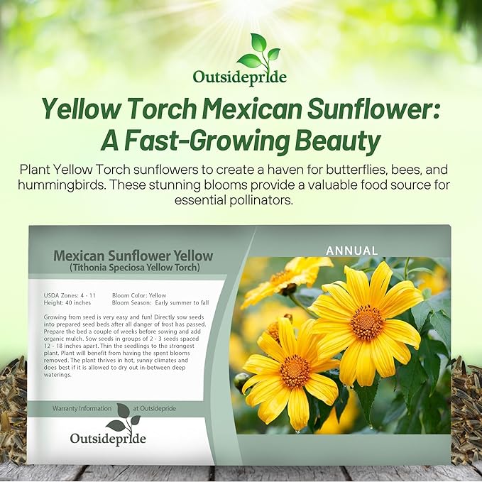 Outsidepride Yellow Torch Mexican Sunflower Seeds - 1000 Pcs Annual, Easy-to-Grow, Yellow Tithonia Speciosa Flower Seeds w/Drought-Tolerant Blooms for Pollinator Gardens & Vibrant Summer Landscaping