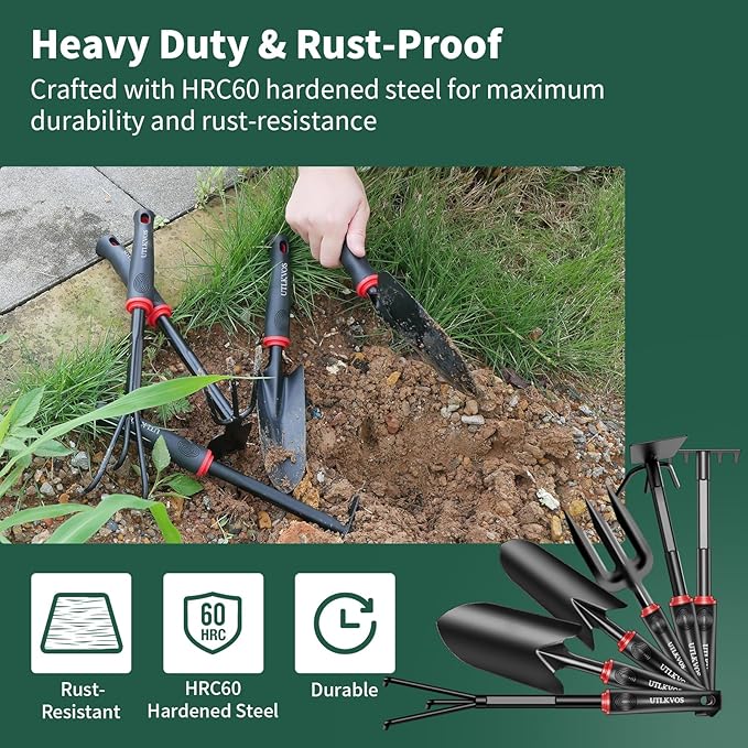 Gardening Tools Set, 6 Pieces Heavy Duty Rust-Proof Gardening Tool Kit, Ergonomic Soft Rubber Handles, Includes Trowels, Rakes, Weeding Tool, and Hand Fork for Digging, Planting, Weeding