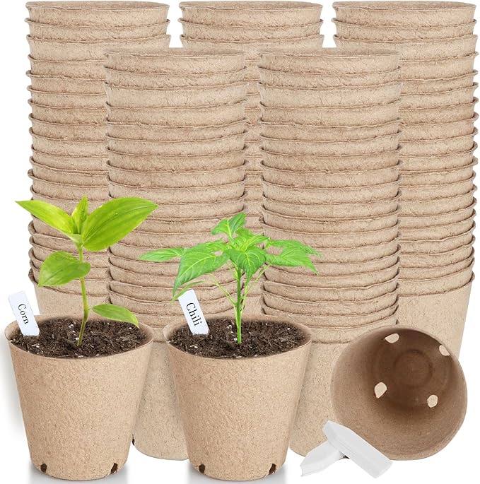 132 Pack Organic Peat Pots, 3.15 Inch Nursery Pot, Round Plant Seedling Pots with Drainage Holes, Small Seed Starting Starter Tray Bulk, Garden Germination Container with 132 Planting Labels(8 cm)