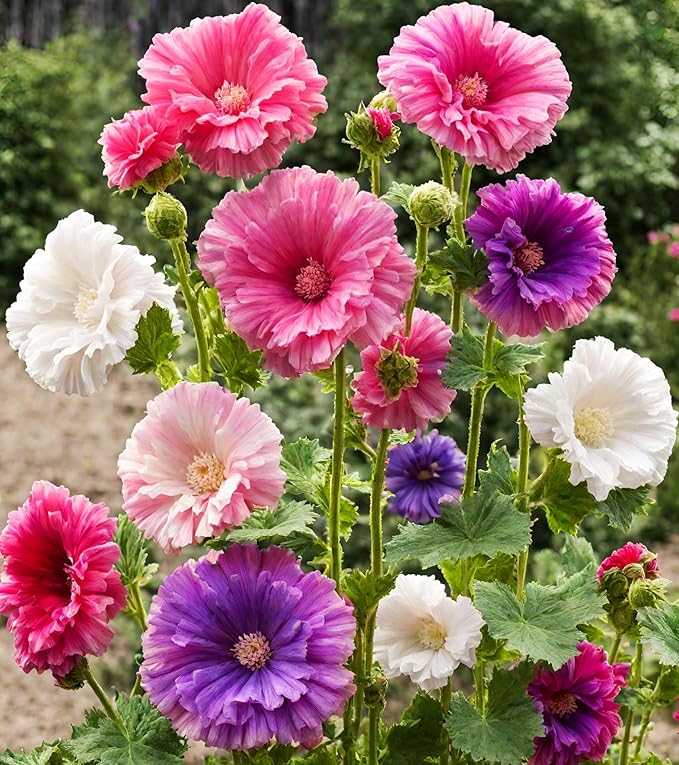 400+ Hollyhock Seeds: Vibrant Carnival Mix (Pink, Yellow, White) for Giant Blooms