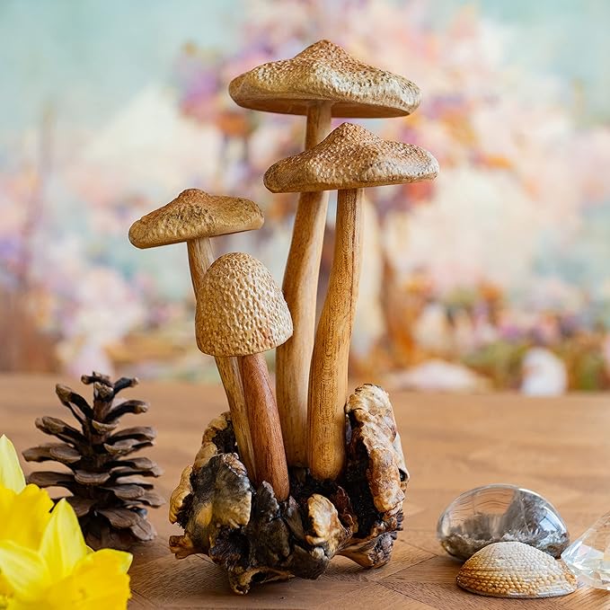 Curawood Wooden Mushrooms Sculpture for an Ornate Touch - Handcrafted 9" Mushroom Statue with Intricate Details - Authentic Garden Mushrooms Decorative Centerpiece - Artisan Cottagecore Mushroom Decor