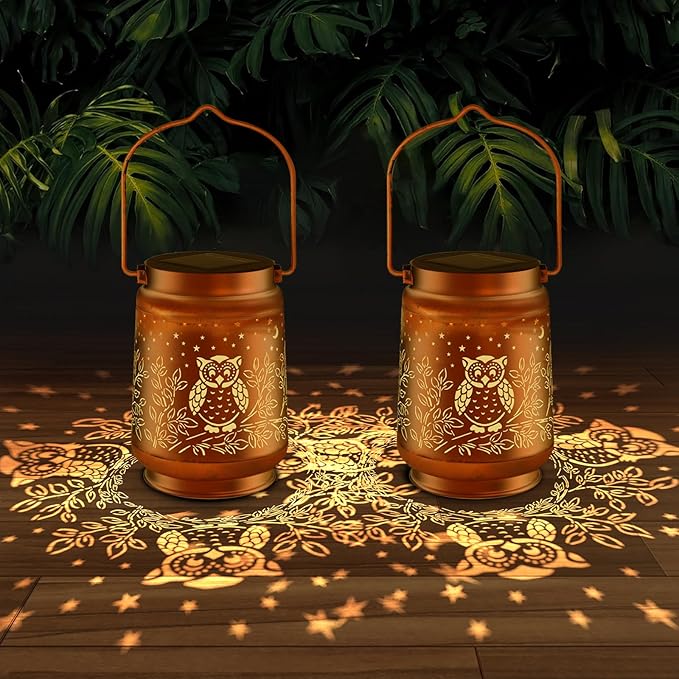 Solar Lanterns Outdoor Waterproof - Metal Hanging Solar Lights for Patio Yard Garden Decor, Christmas Birthday Gifts for Women Mom Men (2 Pack, Owl Shape)