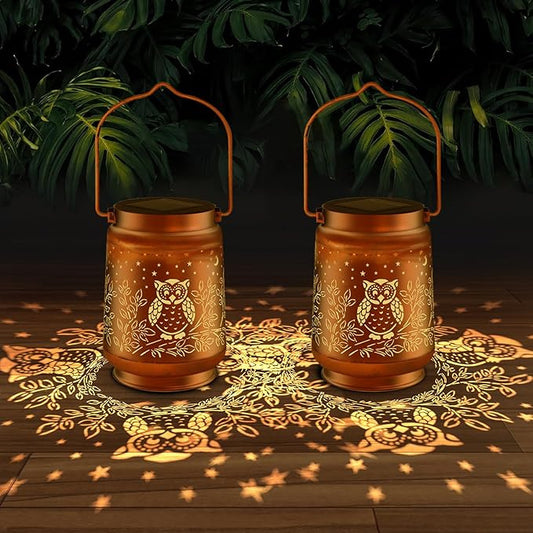 Solar Lanterns Outdoor Waterproof - Metal Hanging Solar Lights for Patio Yard Garden Decor, Christmas Birthday Gifts for Women Mom Men (2 Pack, Owl Shape)