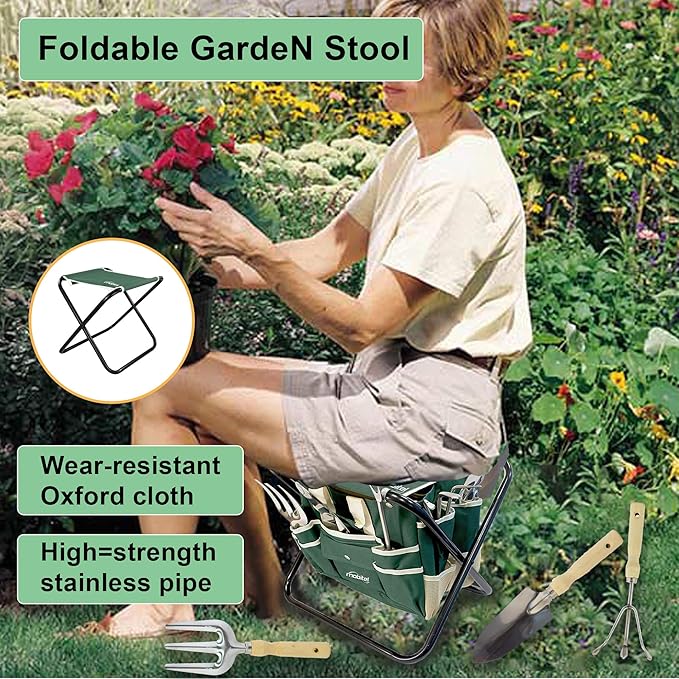 7 Piece Garden Tool Set Including Folding Stool with Tool Bag, All in ONE Gardening Tool Kit Gifts for Women & Men