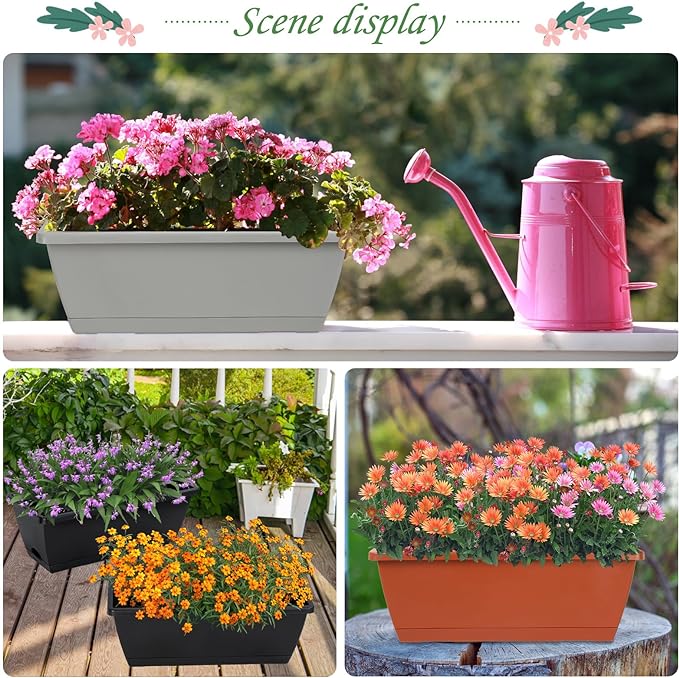 12Pcs 17Inches Rectangle Planter Box with Drainage Holes and Trays Plastic Planters Flower Boxes Pots for Indoor Outdoor Plants Patio Garden Home Decor Porch Yard (Red)
