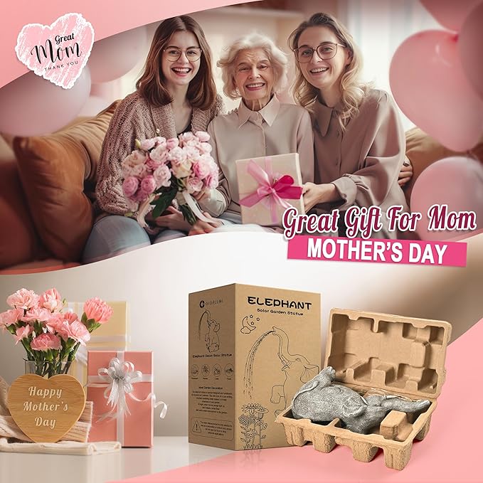 GIGALUMI Solar Garden Decor Watering Elephant Statues Outdoor, Birthday Gifts for Women Mom Grandma Senior Elder, Elephant Ornament for Balcony, Garden, Patio, Yard, Lawn (Constant Lights Only)