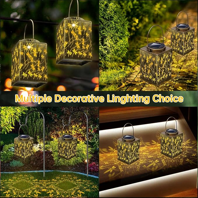 2 Pack Solar Lanterns Outdoor Waterproof - Metal Solar Garden Lights for Patio Porch Yard Garden Decor, Christmas Birthday Gifts for Women Mom Men (Dragonfly)