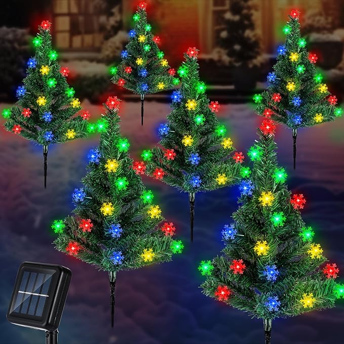 Retisee 6 Pack Solar Christmas Tree Pathway Lights Decorations Outdoor LED Snowflake Lights 8 Modes Prelit Small Christmas Tree Waterproof Solar Stake Lights for Garden, Yard, Lawn, Cemetery