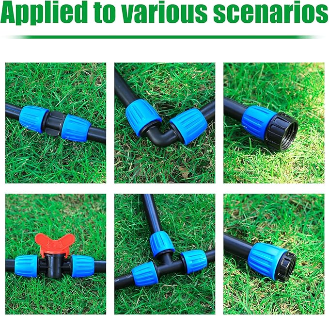 24 PCS Drip Irrigation Fittings Kit Blue Lock Barbed Connectors For 1/2 Inch 16MM Tubing (OD 0.620 in.ID is 0.520. in), 5 Tees,5 Straight,2 Switch Valves,5 End Cap,5 Elbows,2 Adapter