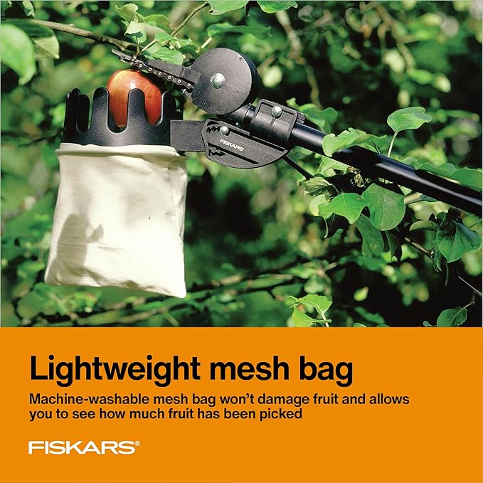 Fiskars Fruit Picker Basket Telescoping with Adjustable Basket Angle, Machine Washable Mesh Bag, Fruit Harvesting Tool