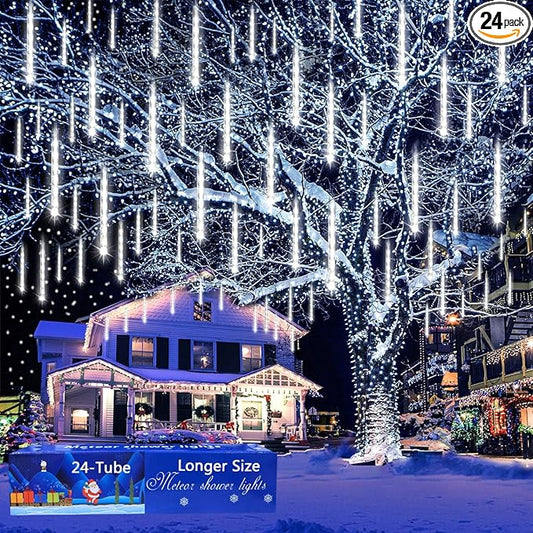 Aokudoni Christmas Lights Outdoor, 24 Tubes Meteor Shower Lights (Equivalent to 3 Sets of 8-Tubes), Waterproof Outside Christmas Decorations for Tree Window Yard Party Holiday, UL Plug, White