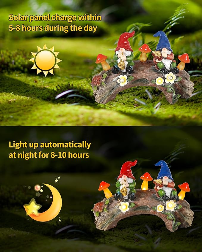 iStatue Enchanted Fairy Garden Gnomes Solar Light - 9'' Hand-Painted Resin Miniature Figurines Perfect for Yard Art Outdoor Patio Decor Lawn Ornaments and Statues Decorations (Gnomes)