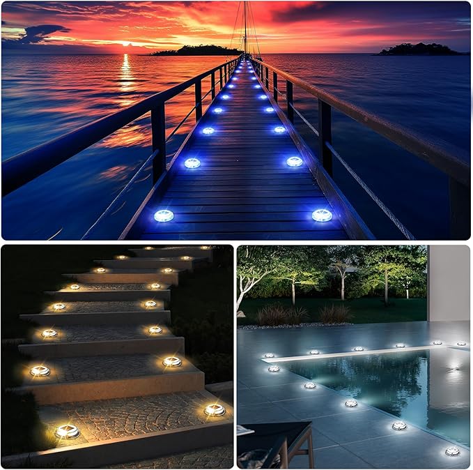 Quntis Solar Deck Lights Outdoor, 3 Color Modes Solar Driveway Lights IP68 Waterproof, Deck Light for Stair Pathway Walkway Pool Road (Blue/Cool White/Warm White) 2 Pack