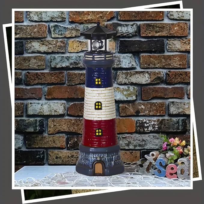 Solar Lighthouse Garden Outdoor Statues, Waterproof Lawn Lights Decor; Automatic Rotating Solar Lights for Yard, Patio, Ground, Tabletop Decoration; Unique Housewarming Gifts - Black