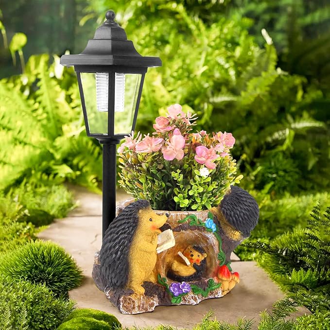 Solar Garden Statue Hedgehog Figurine,Flower Pots Planters Pots for Succulent,Garden Sculpture for Patio Balcony Yard Lawn Decor,Unique Gift for Dad Mom Grandma