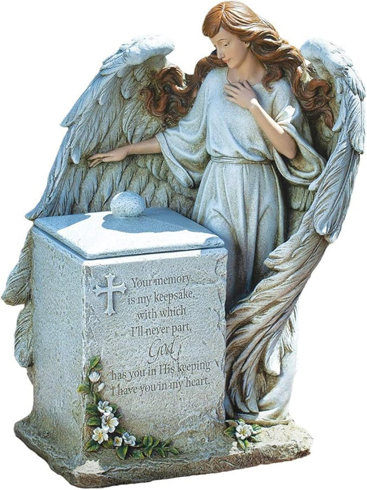 Joseph's Studio by Roman Inc., Memorial Box with Angel, Garden Collection, Religious Statue, Holy Family, Memorial, Angel, Patron Saint, Garden Décor (8x11x16)