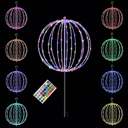 Christmas Ball Sphere 16IN 128LED Hanging Tree Light and Pathway Lights - Foldable Metal Frame, White, RGB