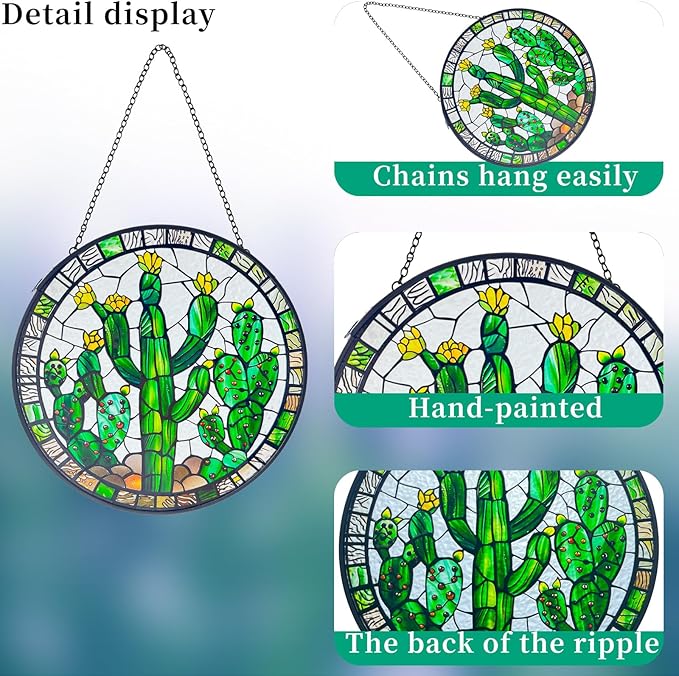 Cactus Decor Suncatcher Indoor/Outdoor Stained Glass Window Hanging - Handmade Stained Glass Suncatchers for Windows Hanging - Outdoor Garden Decor Gift for Women Christmas Thanksgiving Gifts