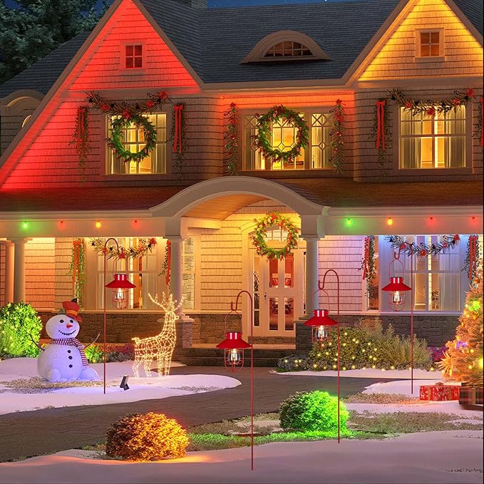 pearlstar Solar Lanterns Outdoor Christmas Metal Solar Powered Hanging Lights Waterproof for Wall Barn Yard Garden Patio Garage Balcony Porch Fence Decor, Warm White Edison Bulb (Red-2pack)