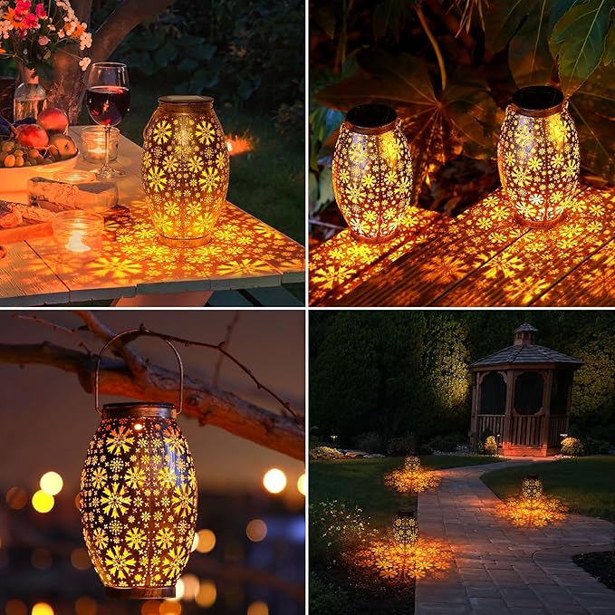 Solar Lanterns Outdoor Waterproof - 2 Pack Hanging Solar Lights Outdoor, Halloween Decorative Retro Metal Lanterns with Handles for Yard, Patio, Tabletop, Pathway, Gardening Gifts for Women Men