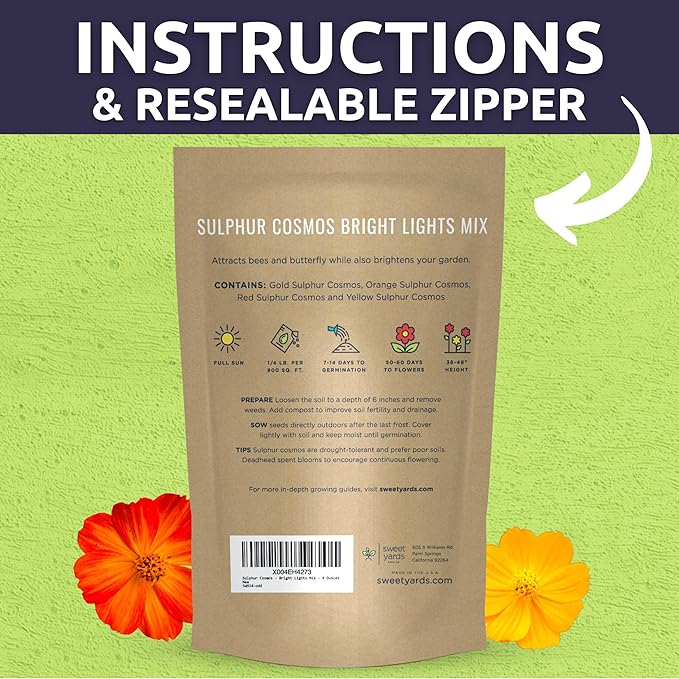 Sulphur Cosmos - Bright Lights Mix - Bulk 1/4 Pound Pouch - 15,000 Flower Seeds for Planting - Wildflower Mix