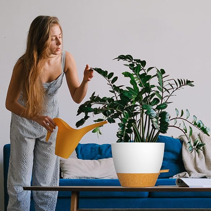 WOUSIWER 10 inch Self Watering Planters, 2 Pack Large Plastic Plant Pots with Deep Reservior and High Drainage Holes for Indoor Outdoor Plants and Flowers, White with Terracotta