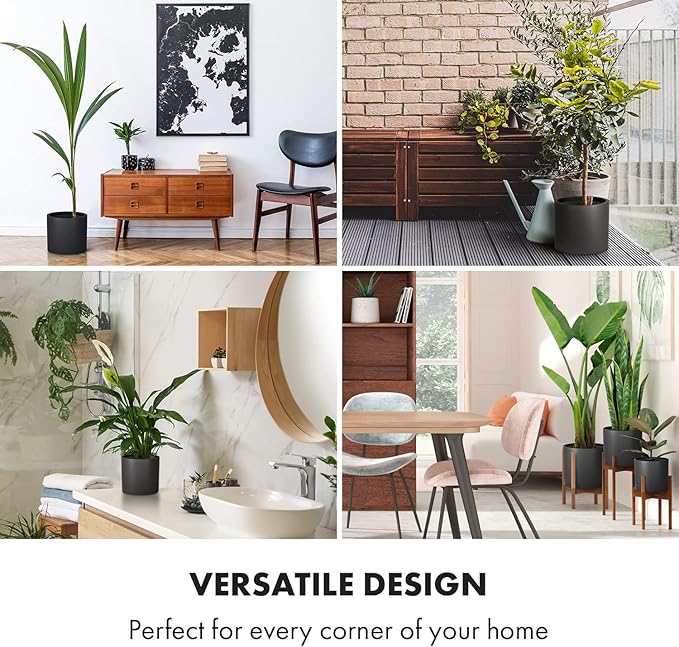 Fox & Fern 8 Inch Black Plant Pot with Drainage Plug — Premium Lightweight Fiberstone Matte Black Planter; 8 Inch Pots for Plants; for Indoor & Outdoor Use; Weather Resistant & UV Resistant