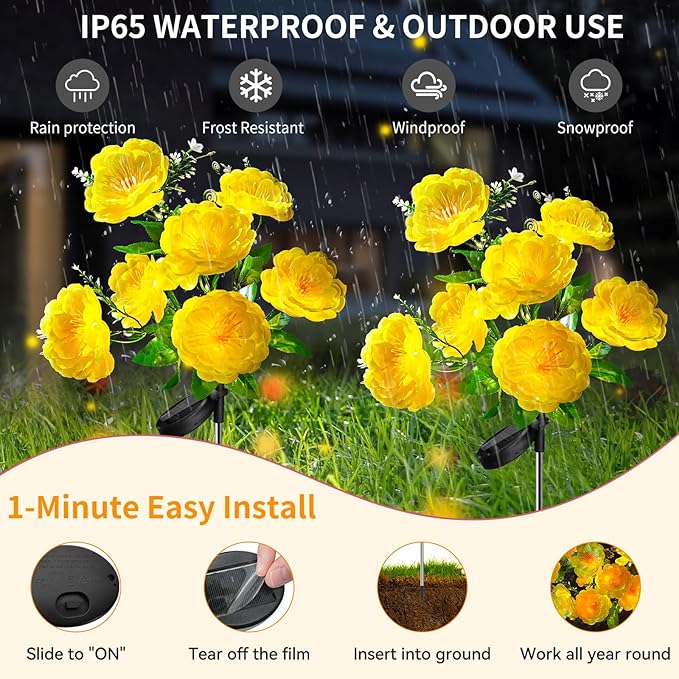 Neporal Solar Flowers Outdoor Waterproof, 4PK 7-Stem Yellow Camellia with 2 Lighting Modes & Romantic Warm Light, Solar Lights Outdoor Decorative for Garden, Yard, Pathway, Gardening Gifts for Women