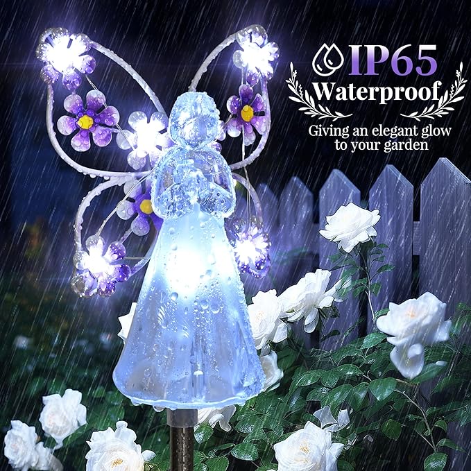 GIGALUMI Solar Angel Garden Stake Lights - 2 Pack Angel Solar Lights Outdoor Garden, Eternal Light Angel with 7 LEDs for Cemetery Grave Decorations, Memorial Gift, Christmas Yard Art, Sympathy Gifts