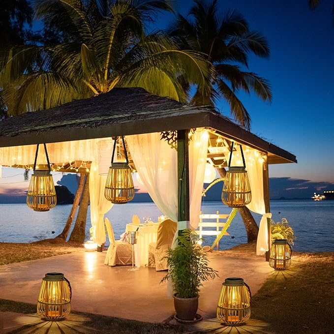 Solar Lanterns Outdoor Hanging Lights Waterproof Rattan Bamboo Solar Powered Light with Twine Handle Decorative Garden Table Lamp for Patio Yard Tabletop Tree Pathway Home Decoration