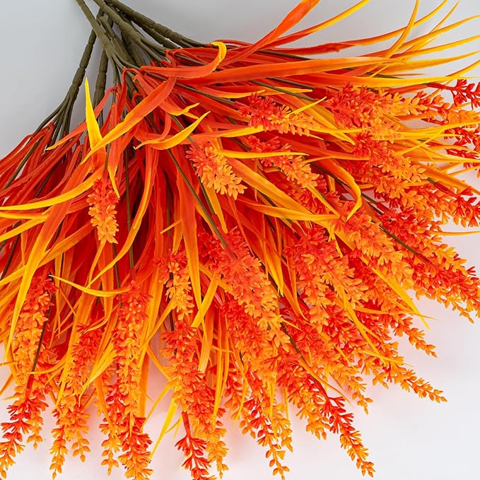 Artificial Fall Flowers for Outdoor Plants 24 Bundles Fake Lavender Plastic Faux Monkey Grass for Verandah Window Garden Office Patio Front Porch UV Resistant for Planter(Autumn Red)