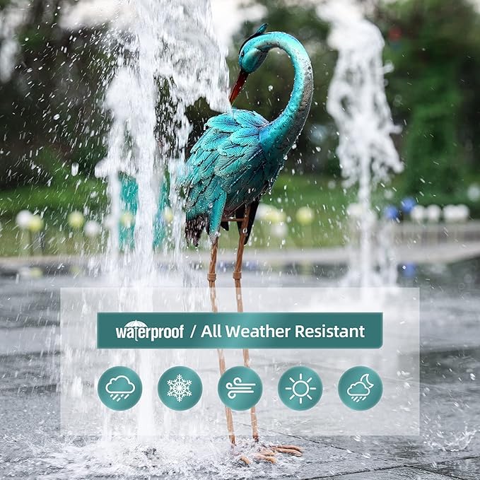 Chisheen Crane Metal Outdoor Blue Heron Sculpture Large Garden Heron Decoy Bird Statue Lawn Ornament for Backyard Pond Patio Porch Outside Decoration