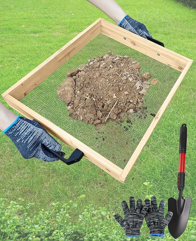 19" x 16" Large Soil Sifter, Soil Sifter for Gardening, Wooden Compost Sifter, Dirt Sifter, Rock Sifter, Soil Sieve with 1/4in Sifting Screen, Sifting Peat Moss Gravel for Wheelbarrow Trowel Tool Set