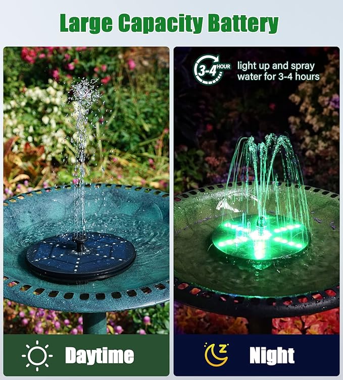 SZMP Solar Fountain Upgraded, 4W Bird Bath Fountain Pump with 7 Colors Lights, 7 Nozzle & 4 Fixer, 4000 Battery, Solar Water Fountain for Garden, Pool, Pond, Fish Tank