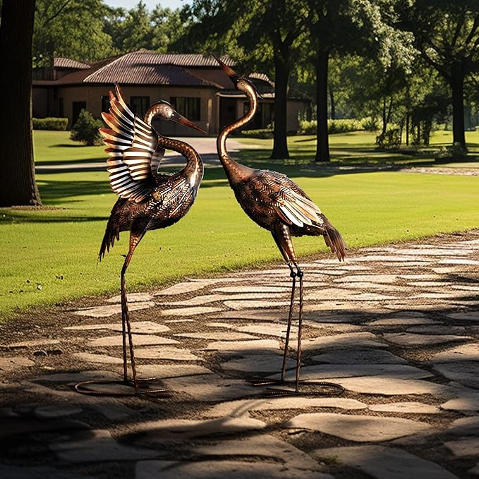 TERESA'S COLLECTIONS Yard Decorations Outdoor Garden Statues, Brass Metal Crane Yard Art, 33-39inch Lawn Ornaments for Backyard, Outside Porch, Patio, Wedding Decor,Set of 2,Spring Decor,Gifts for Mom