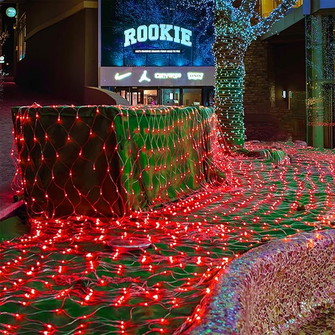 LJLNION Christmas Net Lights, 360 LED 12ft x 5ft Connectable Mesh Fairy String Lights, 8 Lighting Modes, Low Voltage Safe Adaptor for Xmas Trees Bushes Wedding Outdoor Holiday Garden Decorations, Red