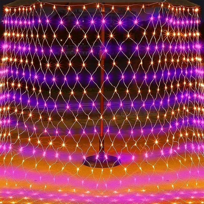 LJLNION Halloween Net Lights, 360 LED 12ft x 5ft Connectable Mesh Fairy String Lights, 8 Modes Low Voltage Safe Adaptor for Xmas Trees Bushes Wedding Outdoor Garden Yard Decorations, Orange & Purple