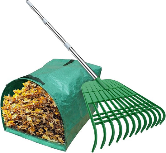 Gardzen 12 Tines Gardening Leaf Rake, Lightweight Steel Handle, Detachable, Ideal Camp Rake, Comes with Dustpan-Type Garden Bag