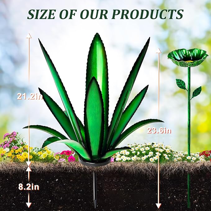 Upgraded Large Metal Yard Art, Metal Agave Plant Yard Decorations Outdoor Sculpture, Metal Flowers for Outside, Waterproof Outdoor Garden Decor (Yellow + Bird Feeder)