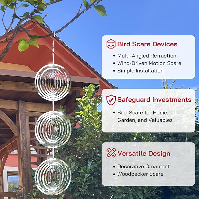 Factee Bird Deterrents for Outside, Reflective 3D Stainless Steel Wind Spinners, Garden Decor, Bird Scare Devices to Keep Woodpeckers, Pigeons Away from Your House, Patio, Orchards1