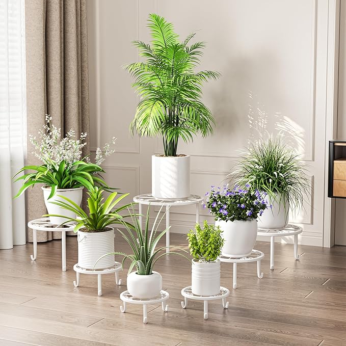 ZUIYIN 7 Pack Metal Plant Stands for Outdoor Indoor, Anti-Rust Iron Flower Pot Stands Outdoor Plants Stands, Indoor Floor Plant Holder Heavy Duty Plant Shelf for Patio, Plant Lover Gifts(White)